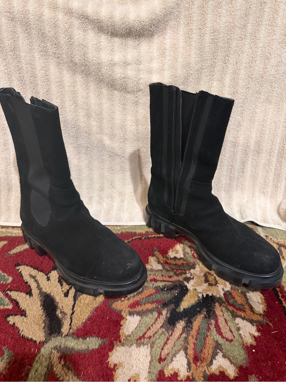 Free People Black Suede Lug-Sole Ankle Boots “The Brook Chelsea”